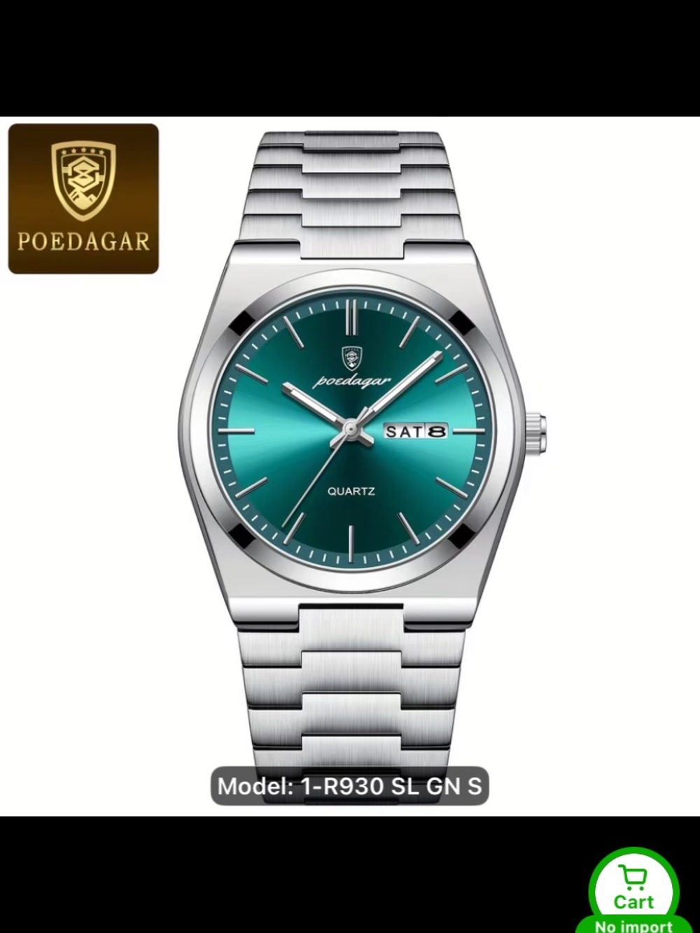 New Men’s Quartz Poedagar Men's Stainless Steel Watch - Green Sunburst Dial